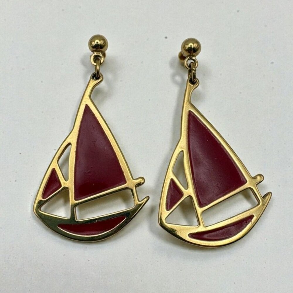 Sailboat Dangle Earrings Avon Ships Ahoy Gold Tone Red Enamel Nautical Sailing